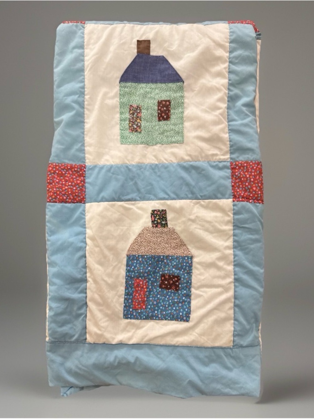 Vintage Handmade House Quilt Throw 60x48 Blue Patchwork Cottagecore Folk Art